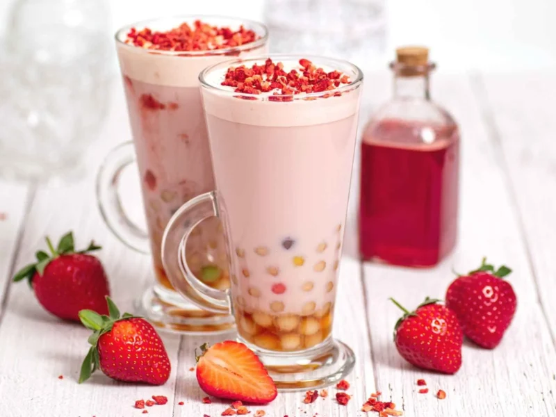 Trà sữa dâu tươi không chỉ có màu sắc bắt mắt mà còn mang lại hương vị ngọt ngào, tươi mát từ dâu tươi